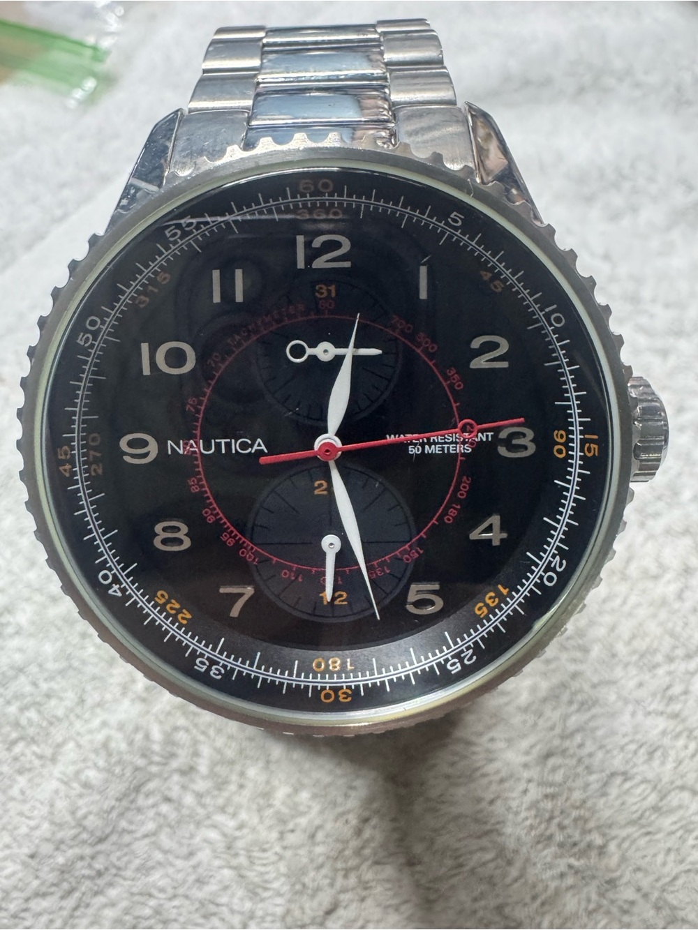 Nautica Black Dial Stainless Steel Watch with Red Accents